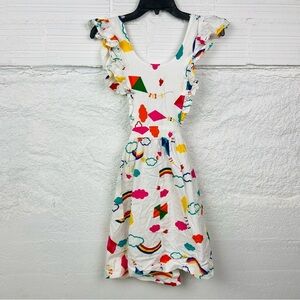 UNBRANDED white ruffled cloud rainbow kite pocket apron / dress small / medium